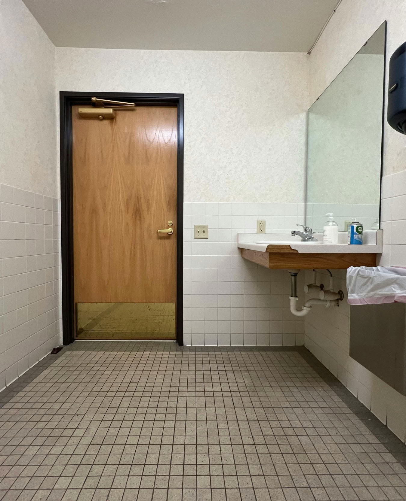 Modern public restroom interior with a handbasin, mirror, and wooden door.
